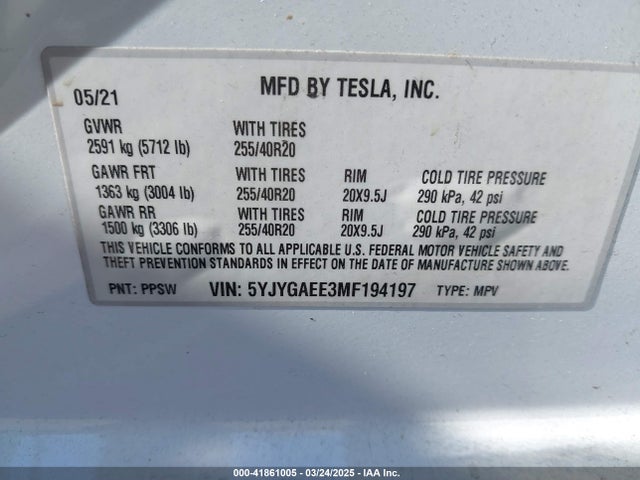 2021 TESLA MODEL Y 5YJYGAEE3MF194197 Photo 8