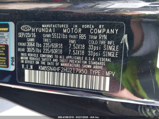 KM8SN4HF2HU217950 Hyundai Santa Fe Limited