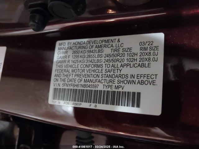 5FNYF6H61NB045597 Honda Pilot Awd Touring 7 Passenger