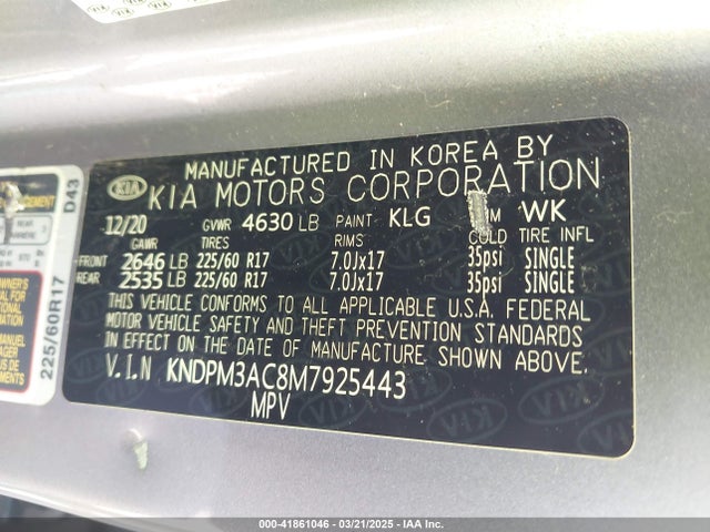 KNDPM3AC8M7925443 KIA Sportage Lx