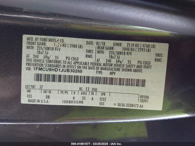 1FMCU9HD1JUB30260 Ford ESCAPE SEL