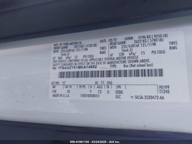 1FBAX2Y81MKA14882 Ford Transit-350 Passenger Van Xlt