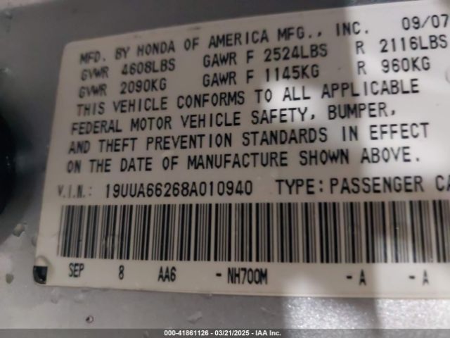 2008 ACURA TL 19UUA66268A010940 Photo 8