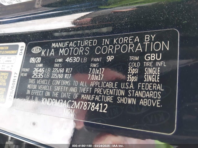 KNDPM3AC2M7878412 KIA Sportage Lx