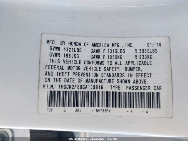 1HGCR2F80GA109916 Honda Accord Ex-l