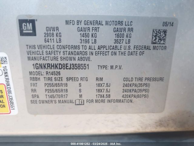 1GNKRHKD8EJ358551 Chevrolet Traverse 2lt