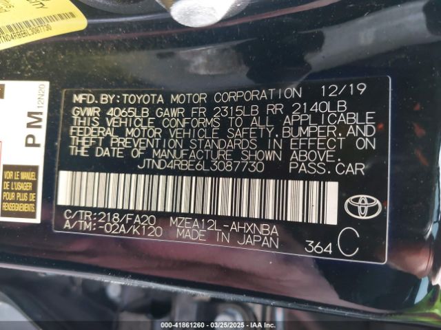 JTND4RBE6L3087730 Toyota m20a-fks