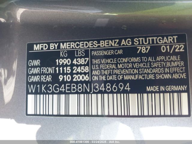 W1K3G4EB8NJ348694 Mercedes-Benz A 220
