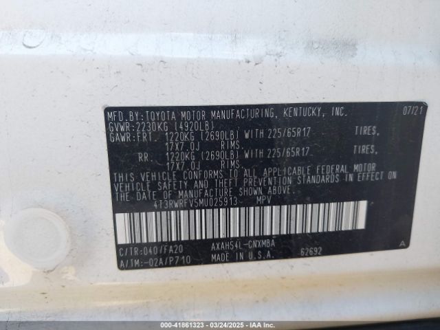 4T3RWRFV5MU025913 Toyota Rav4 Hybrid Xle