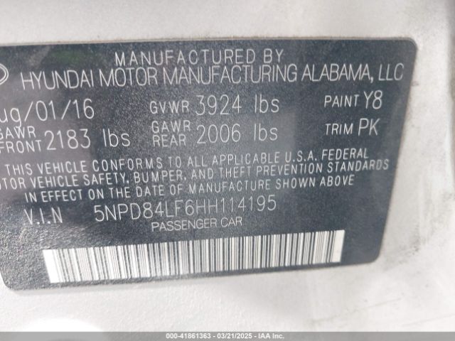 5NPD84LF6HH114195 Hyundai ELANTRA SE