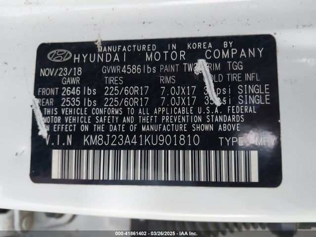 KM8J23A41KU901810 Hyundai TUCSON SE