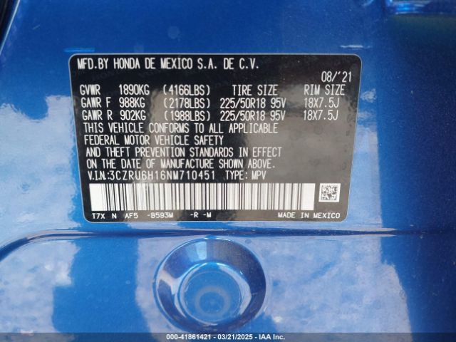 3CZRU6H16NM710451 Honda Hr-v Awd Sport