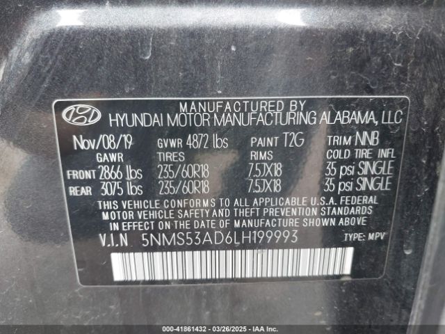 5NMS53AD6LH199993 Hyundai Santa Fe Limited