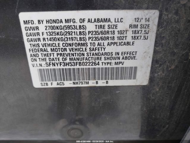 5FNYF3H53FB022264 Honda Pilot Ex-l