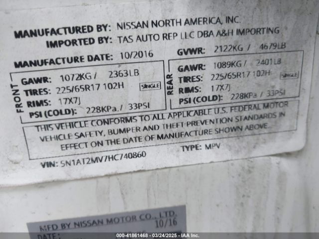 5N1AT2MV7HC740860 Nissan Rogue S/sl/sv
