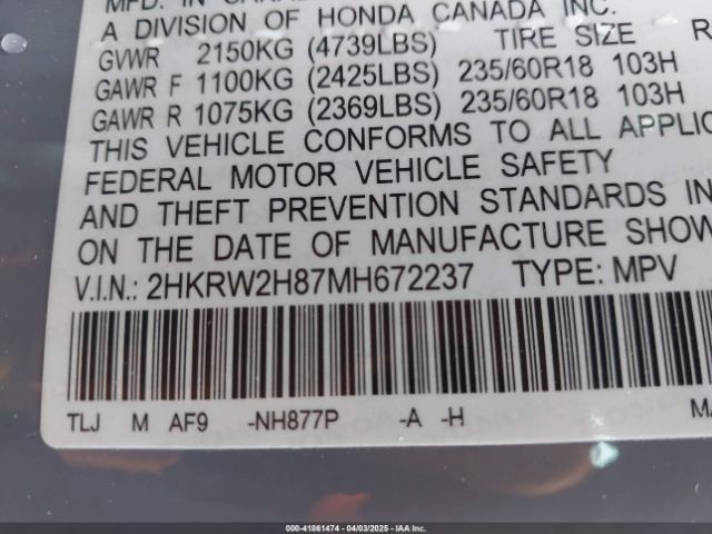 2HKRW2H87MH672237 Honda Cr-v Awd Ex-l