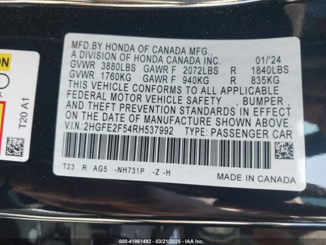 2024 HONDA CIVIC 2HGFE2F54RH537992 Photo 8