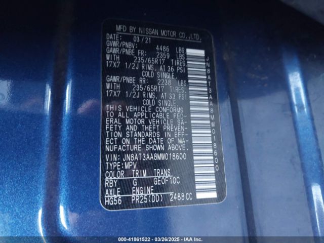 JN8AT3AA8MW018600 Nissan Rogue S Fwd