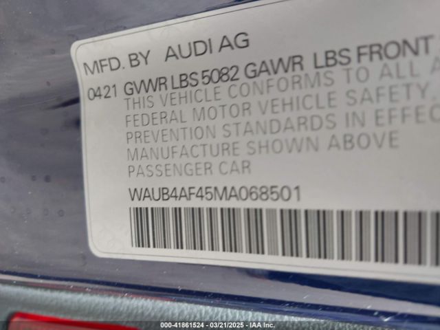 WAUB4AF45MA068501 Audi S4 Premium Plus Tfsi Quattro Tiptronic