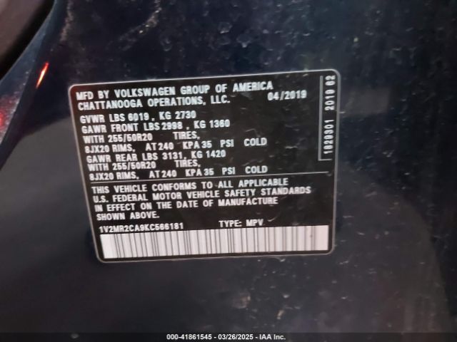 1V2MR2CA9KC566181 Volkswagen Atlas 3.6l V6 Sel