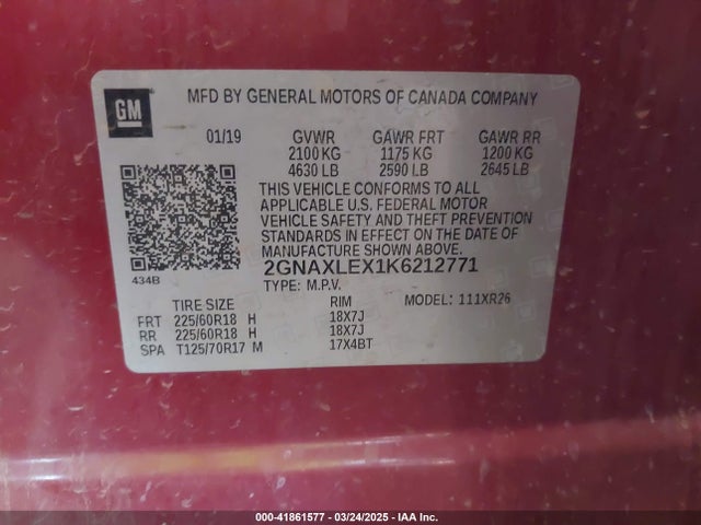 2GNAXLEX1K6212771 Chevrolet EQUINOX LT