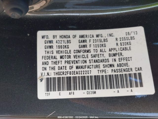 1HGCR2F80EA022207 Honda Accord Ex-l