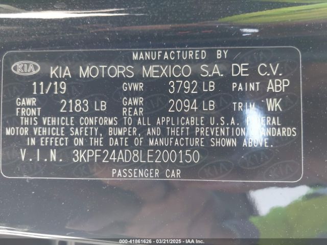 3KPF24AD8LE200150 KIA Forte Lxs