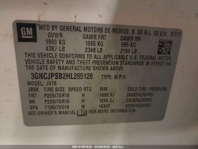3GNCJPSB2HL285128 Chevrolet Trax Lt
