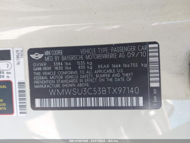 2011 MINI COOPER WMWSU3C53BTX97140 Photo 8