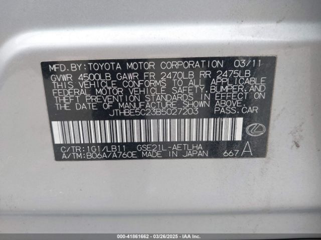 2011 LEXUS IS 350 JTHBE5C23B5027203 Photo 8