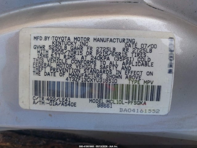 Продаж на аукціоні авто 2000 Toyota Sienna Xle, vin: 4T3ZF13CXYU318510, номер лоту: 41861668