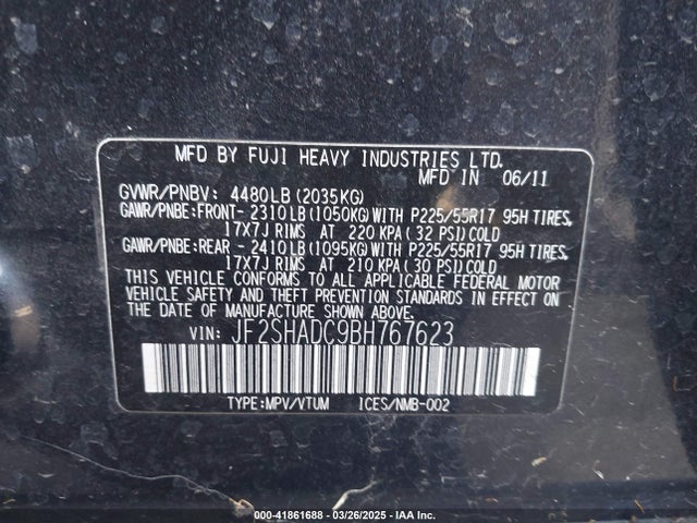 2011 Subaru Forester 2.5x Premium მანქანა იყიდება აუქციონზე, vin: JF2SHADC9BH767623, აუქციონის ნომერი: 41861688