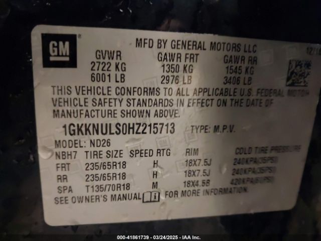 1GKKNULS0HZ215713 GMC lgx - di: direct injection, vvt: variable valve timing, alum, gen 2