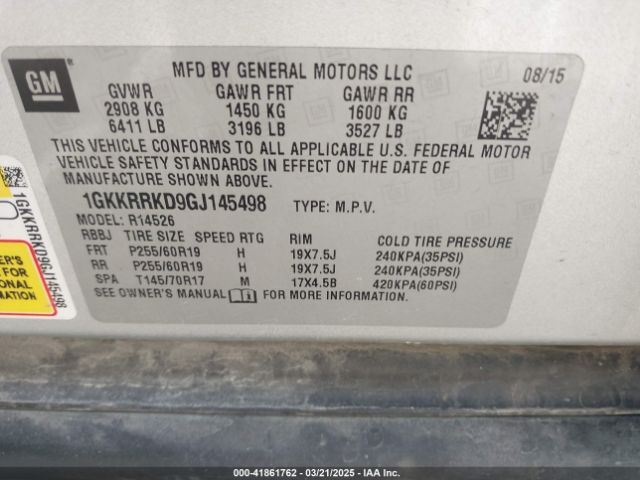 1GKKRRKD9GJ145498 GMC Acadia Slt-1
