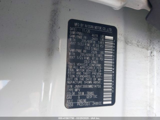 JN8AT3BB0MW214750 Nissan Rogue Sv Intelligent Awd
