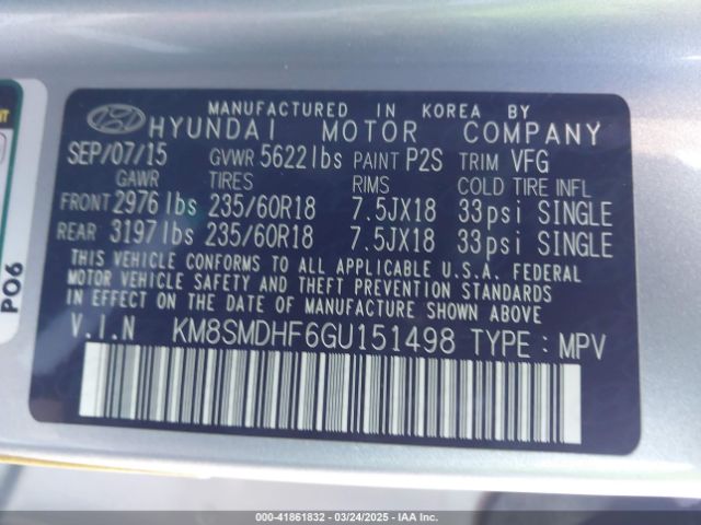 KM8SMDHF6GU151498 Hyundai Santa Fe Se