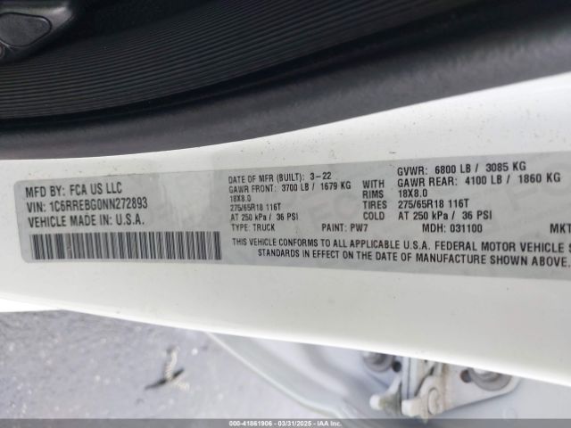 1C6RREBG0NN272893 RAM 1500 Big Horn  4x2 6'4 Box