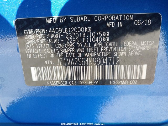 JF1VA2S64K9804712 Subaru Wrx Sti