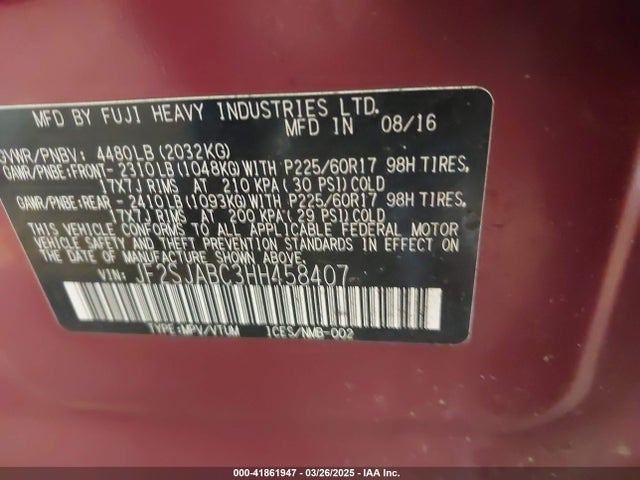 Subaru naturally aspirated u5 2017 JF2SJABC3HH458407 Image 9
