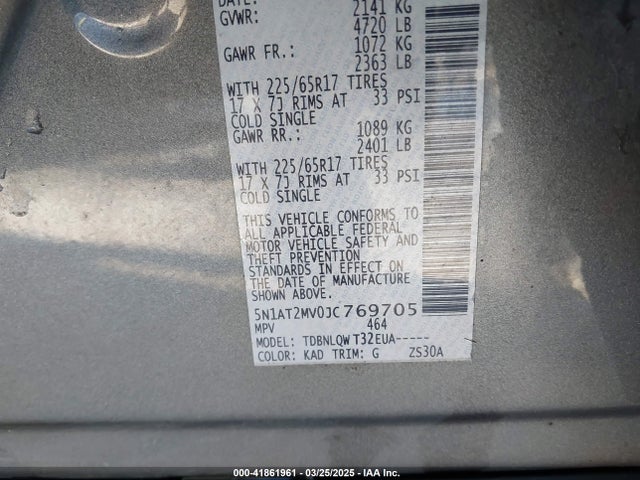 5N1AT2MV0JC769705 Nissan ROGUE SV
