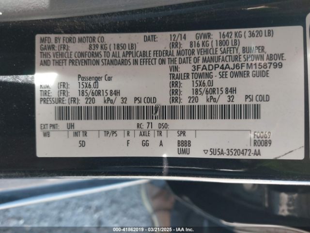 3FADP4AJ6FM158799 Ford FIESTA S