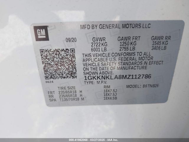 1GKKNKLA8MZ112786 GMC Acadia Fwd Sle
