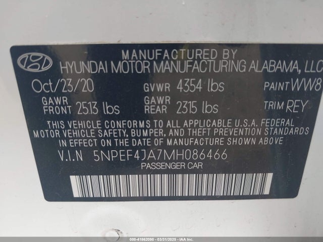 5NPEF4JA7MH086466 Hyundai SONATA SEL