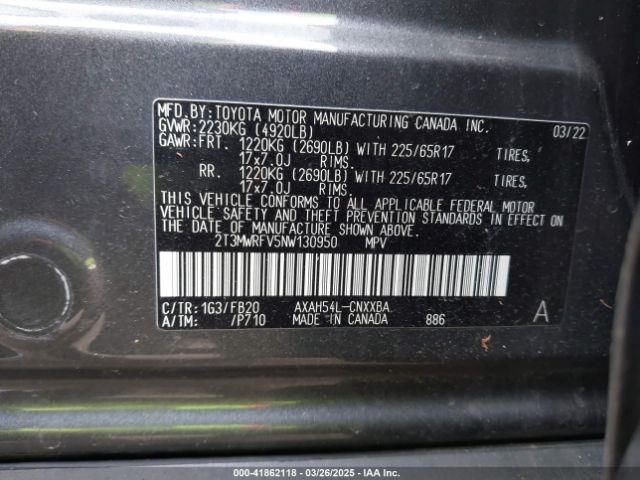 2T3MWRFV5NW130950 Toyota Rav4 Hybrid Le