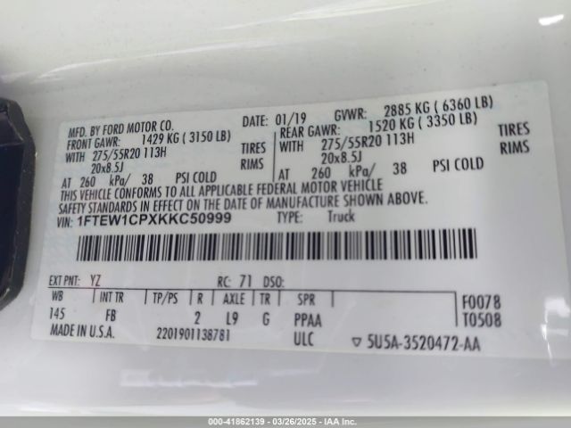 1FTEW1CPXKKC50999 Ford F-150 Xlt
