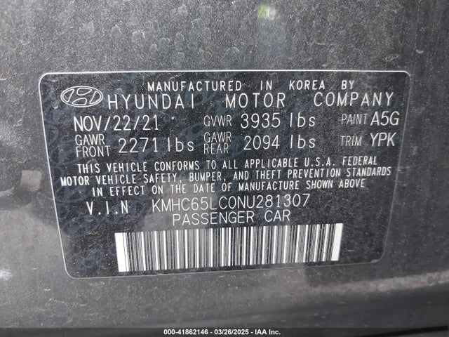 KMHC65LC0NU281307 Hyundai Ioniq Hybrid Blue