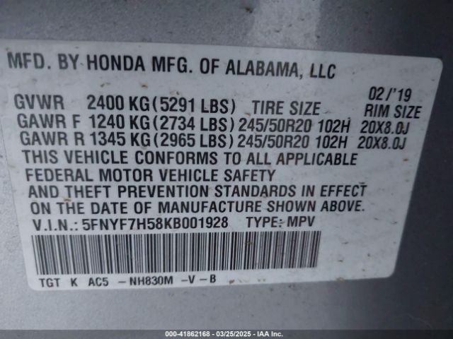 5FNYF7H58KB001928 Honda Passport Ex-l