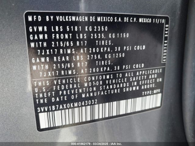 3VV1B7AX0KM043032 Volkswagen Tiguan 2.0t S