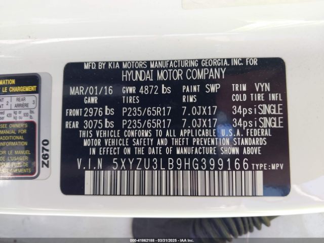 5XYZU3LB9HG399166 Hyundai Santa Fe Sport 2.4l