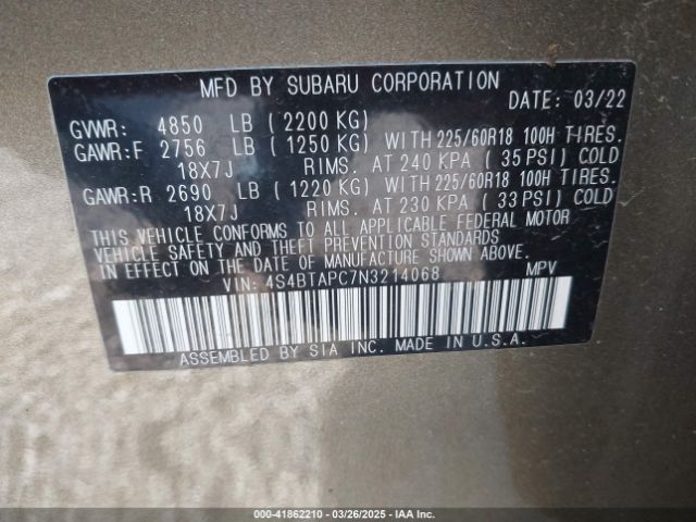 4S4BTAPC7N3214068 Subaru Outback Touring